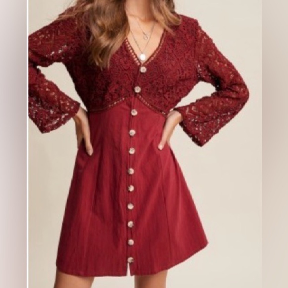 Listicle Burgundy Lace Long Sleeve Dress
